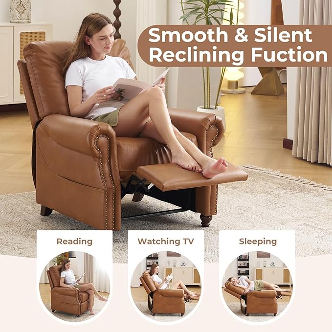 Pushback Recliner Chair with Massage and Heat Breathable Leather Recliner Chair with Overstuffed Backrest and Rivet Decoration Single Sofa Accent Chair for Living Room Camel