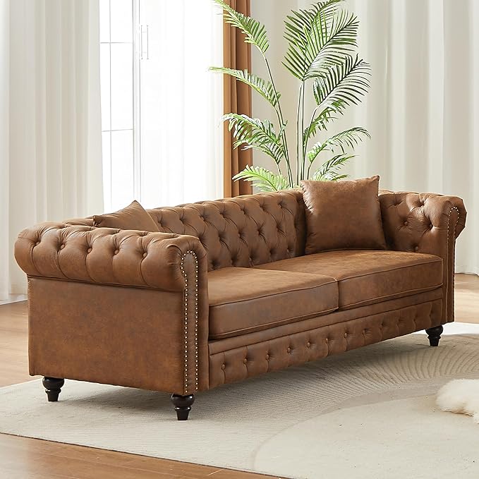 2 Piece Mid Century Modern Couch Set Retro Button Tufted Chesterfield Sofa muebles para la sala Comfy Deep Seat Upholstered Office Furniture Living Room Sofas Set (Retro Brown Couch and Loveseat)