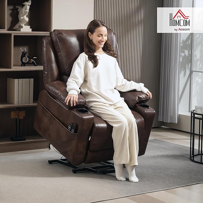 HOMCOM Power Lift Recliner Chair for Elderly Wide Faux Leather Lift Chair with Vibration Massage and Heat Overstuffed Reclining Single Sofa with Remote USB Port Side Pockets Brown