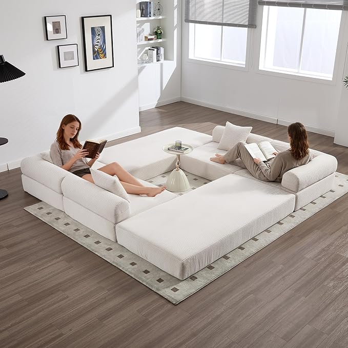 10-in-1 Folding Convertible Sofa Bed 141 Inch Boneless Couch with Fixed-Shape Frame Corduroy Modular Sectional Sofa Mattress Sleeper Sofa Floor Sofa Futon Couch for Living Room (Beige)