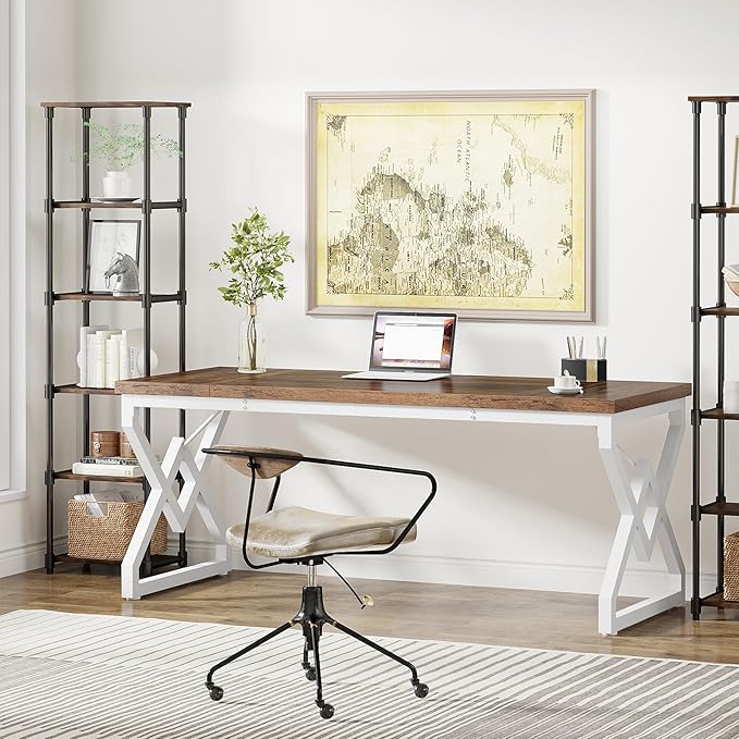 Tribesigns 63 Inch Executive Desk Large Office Desk with Metal Frame Ergonomic Writing Desk Computer Workstation Modern Wood Computer Desk for Home Office Easy Assembly (Brown+White)
