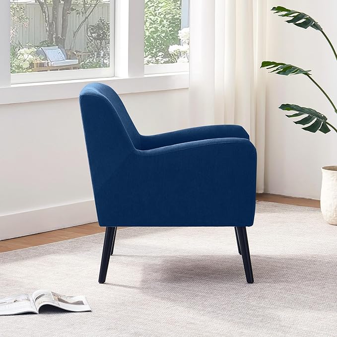 Accent Chair Living Room Chair with Wooden Legs Fabric Reading Chair Mid Century Modern Chair Upholstered Armchair for Bedroom Study Office (Blue)