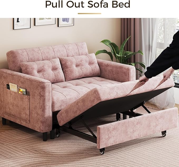 KKL 3 in 1 Convertible Sleeper Sofa Bed Pull Out Couch Bed with Adjustable Backrest Chenille Loveseat Couches with Side Pocket for Living Room Bedroom (Pink)