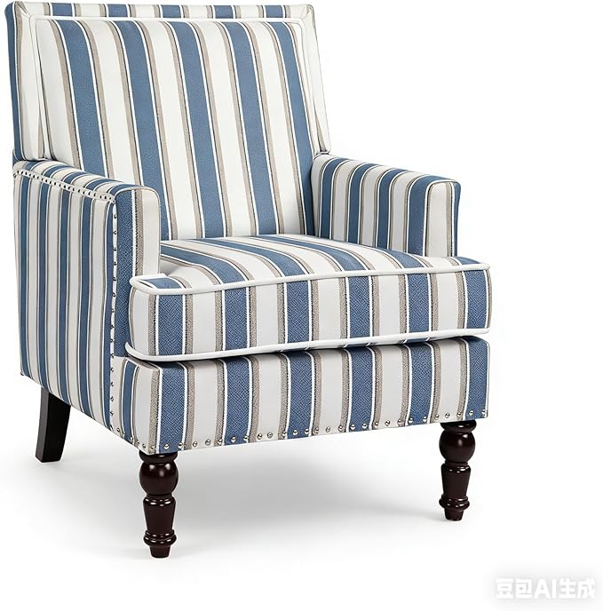 Accent Chair Modern Comfy Mid-Century Accent ChairsLinen Upholstered Lounge Arm Chair with Solid Wood Reading Side Padded Single Sofa for Living Room/Office/Balcony/Bedroom-Blue Stripe