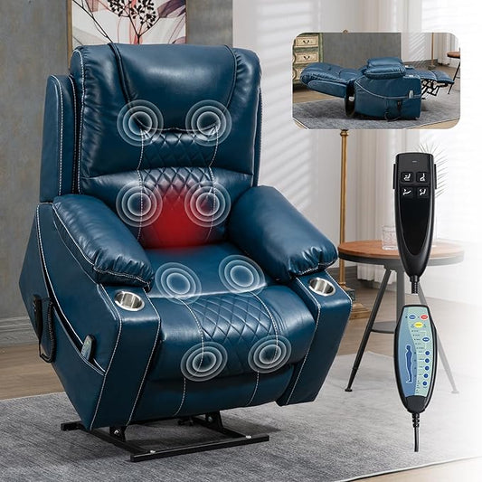 Large Power Lift Recliner Chair with Massage and Heat for Elderly Big and Tall People Dual Motor 180° Lay Flat Overstuffed Wide Leather Recliners with 2 Cup Holders Side Pocket