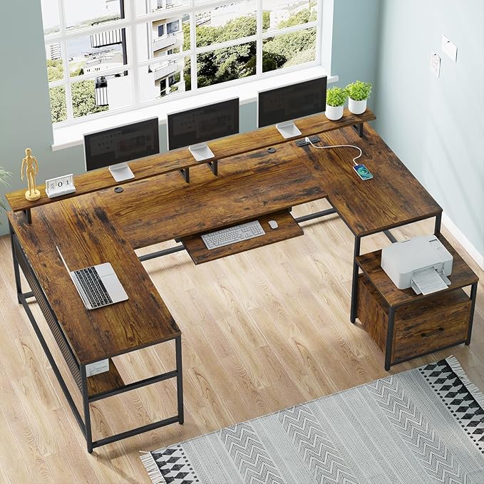 SEDETA U Shaped Desk Reversible L Shaped Home Office Desk with File Drawer &amp Power Outlet 101.5'' Computer Two Person Desk with Monitor Shelf Keyboard Tray Gaming Desk Rustic Brown