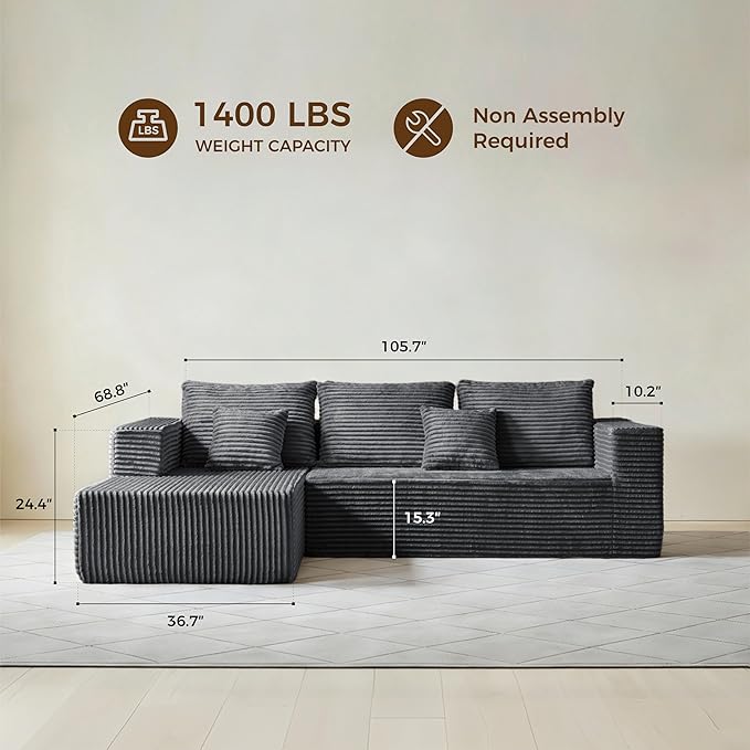 106 Corduroy Boneless Modular Sectional Sofa Cloud-Louch Deep Seat Sofa with Left Chaise for Living Room &amp Bedroom（L-Shaped Left Hand Facing ）