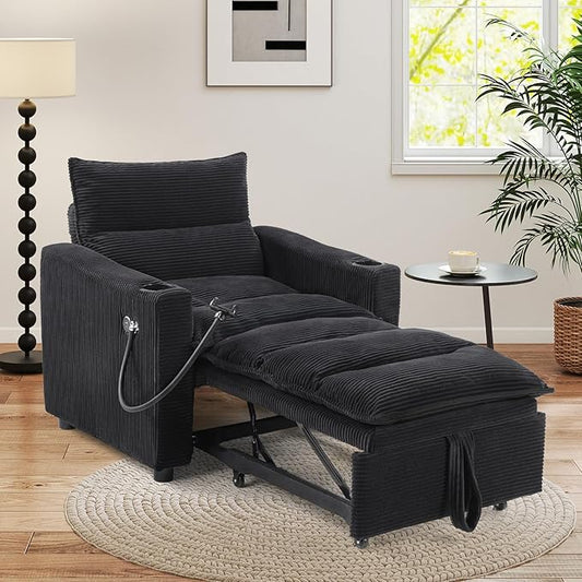 Corduroy Sleeper Sofa Bed with 2 Cup Holders 3-in-1 Convertible Pullout Futon Couch with Phone Holder&ampUSB Charge Port Single Chair with 3-Level Adjustable Backrest for Living Room