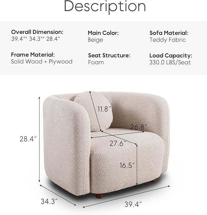 Yoglad 39.37‘’ Modern Curved Boucle Chair Cozy Thick Upholstered Teddy Loveseat Half Moon Aesthetic Design Sherpa Couch for Small Living Room Bedroom Apartment Studio (Beige)