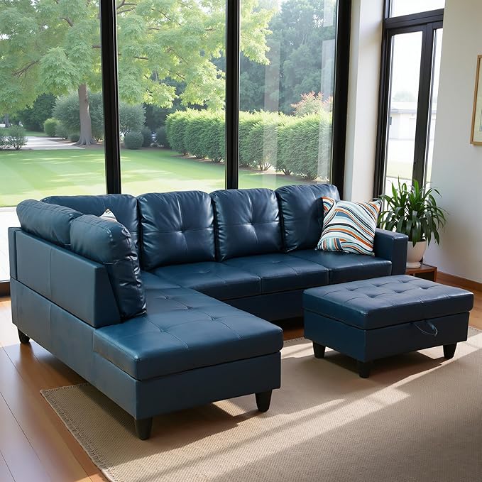 103.5 Oversized Sectional Couch L Shaped Couch with Storage Ottoman Modern Modular Sofa with Deep Seat Sectional Couches for Living Room and Office Peacock Blue (PU Leather)