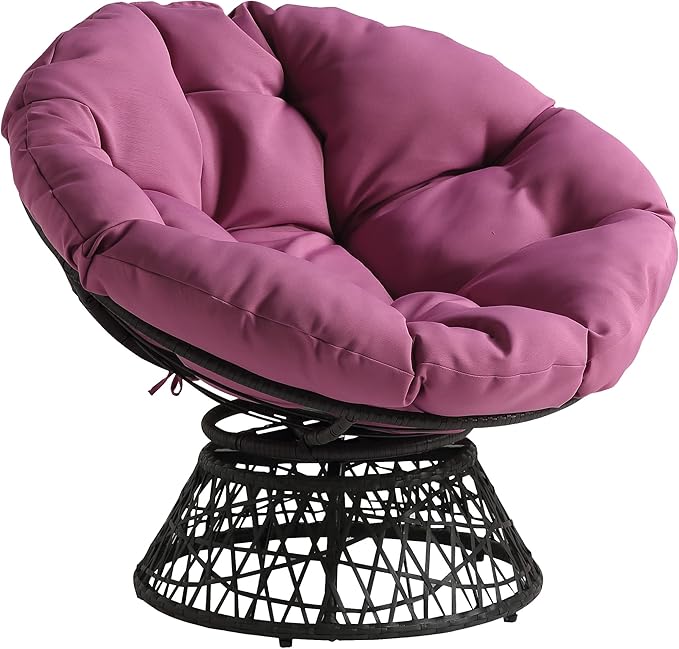 OSP Home Furnishings Wicker Papasan Chair with 360-Degree Swivel Grey Frame with Purple Cushion