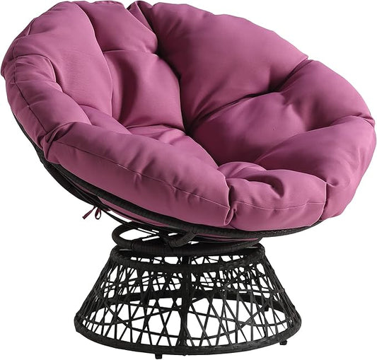 OSP Home Furnishings Wicker Papasan Chair with 360-Degree Swivel Grey Frame with Purple Cushion