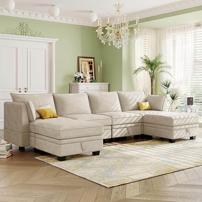 P PURLOVE Sectional Sofa Large Modular Sectional Sofa Convertible Couch with Reversible Chaise for Living Room with Plastic Legs (Beige)