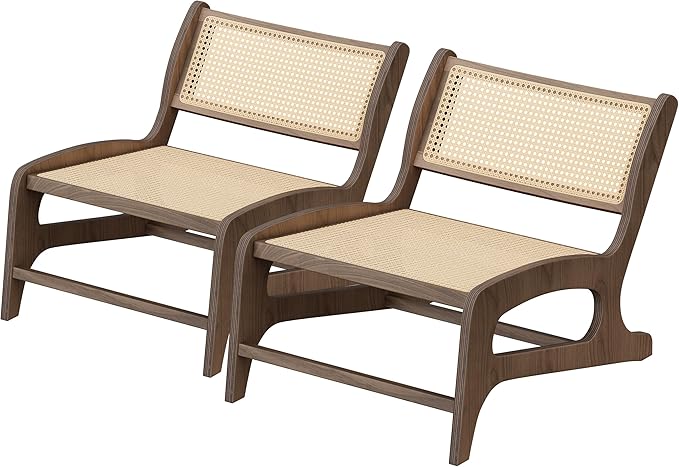 Chogori Mid Century Modern Wooden Lounge Chair Armless Rattan Accent Chair Lightweight Boho Style Seating Comfortable Single Chair for Living Room Bedroom or Patio (Walnut Set of 2)