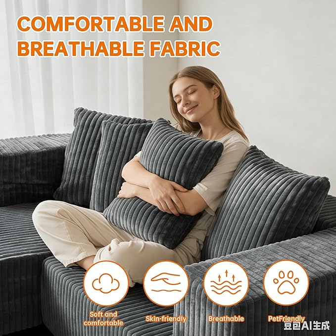 131 Cloud U-Shaped Sectional Sofa Modular Boneless Couch with Chaise4-Seater Couch for Living RoomPlush Corduroy Fabric No Assembly Required (Grey)