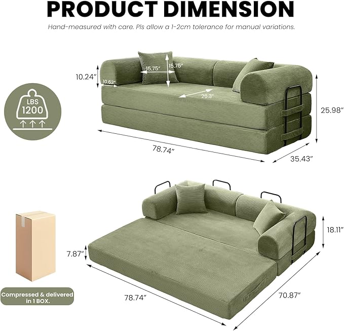 79 5-in-1 Convertible Sofa Bed Luxe Comfort Sleeper with Sturdy Frame No Assembly Corduroy Couch for Living Room Apartment &amp Relaxation Light Green