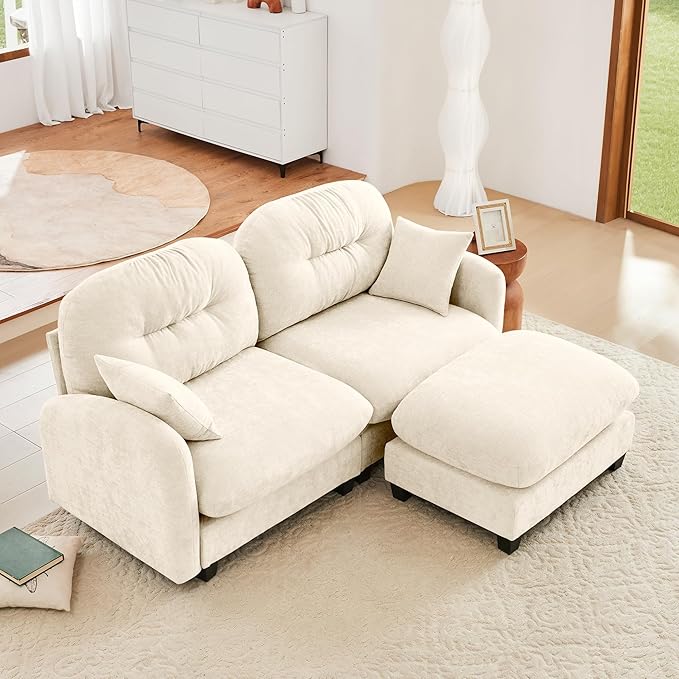 74 L Shaped CouchModular Sectional Sofa 2-Seater Comfy Cloud Couch with Movable Ottoman Chenille Deep Seat for Living Room Office (Beige)