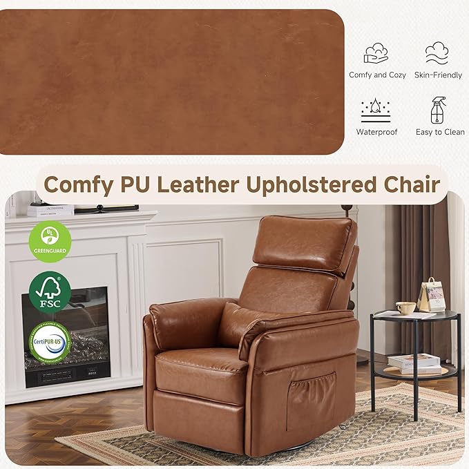Power Recliner Rocking Chair Nursery Gliders with Adjustable Armrests and Headrest Swivel Electric Glider Reclining Nursing Chair with USB Port and Storage Bags FSC Certified (Leather Brown)