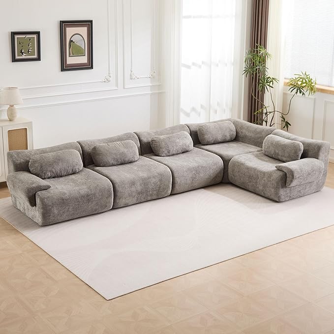148.2 Boneless Couches for Living Room Cloud Modular Sectional Sofa in a Box Memory Foam Modern Couch Big Comfy Compressed Sofas L Shaped Couch with Corner Bedroom Apartment Light Grey