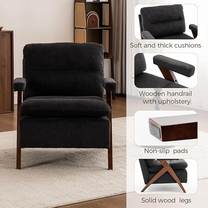 Mid Century Modern Tufted Accent Chair Set of 2 - Sturdy Upholstered Solid Wood Armchair with Breathable Fabric High-Density Cushion Non-Slip Pads for Living Room Reading Room Bedroom Black