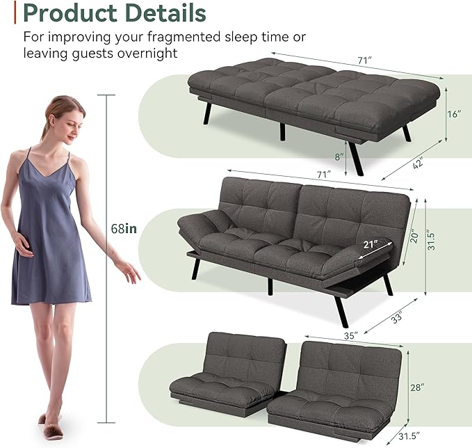 Opoiar Convertible Futon Sofa Bed71 Memory Foam Futon CouchDetachable CushionAdjustable Backrest &amp ArmrestLinen Modern Loveseat Sleeper Recliner for Living RoomOfficeApartmentClassic Grey