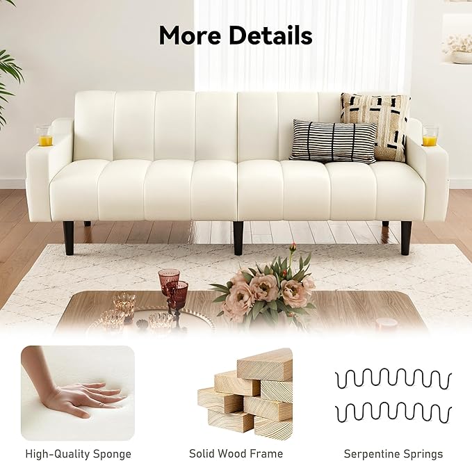 Brelice 80'' Leather Couch Futon Sofa Bed Faux Leather Couch with Adjustable Backrest 2 Cup Holders &amp Side Pockets Mid Century Modern Sofa for Living Room Bedroom Cream White