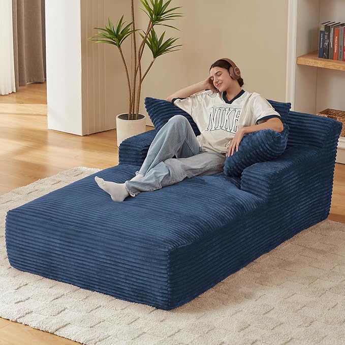 Avenix 79” Oversized Chaise Lounge Chairs Indoor Corduroy Boneless Chaise Lounges Chairs Indoor Deep Seat Big Comfy Reading Chair Cloud Sleeper Chair Sofa Couch Bed for Living Room Blue