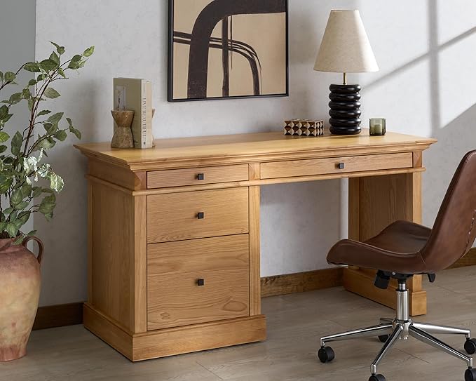 SAFAVIEH Couture Collection - Francesco Natural Wood 4-Drawer Desk with Black Accents Modern Writing Table with Storage (SFV4239B)