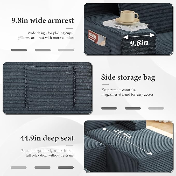 96''Sectional Couches for Living RoomModern Modular Sectional SofaUpholstered Boneless Couch Comfy Cloud Couch with L Shaped Chaise (Dark Grey 96''W Left Facing Chaise+Ottoman)