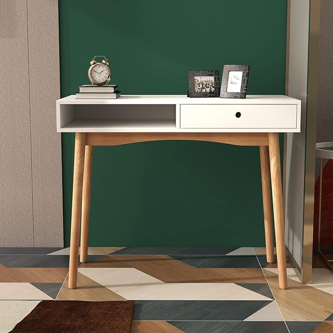 Home Office Desk Computer Desk with Storage Drawers Laptop PC Workstation with Storage Compartment Writing Study Desk with Solid Wood Legs for Home Office Bedroom Study Living Room