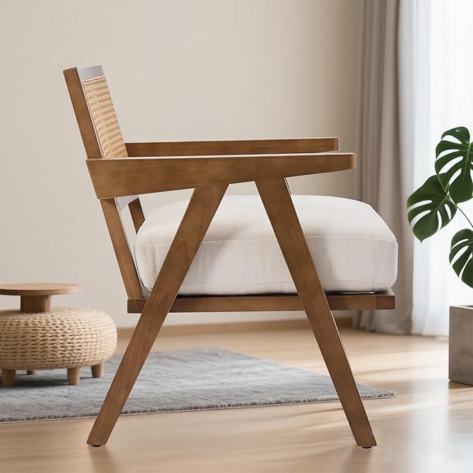 GarveeHome Mid-Century Farmhouse Accent Chair - Wood Armchair with Rattan Backrest &amp Linen Cushion for Living Room Bedroom - Beige Easy Assembly(2 Pcs)