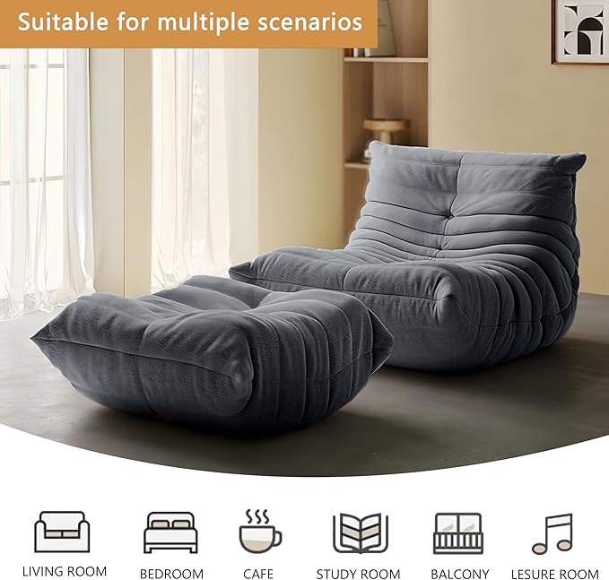 Bean Bag Chair - Memory Foam Bean Bag Chair for Adults Comfy High-Resilience Single Sofa Small Space Floor Chair Chaise Lounge for Living Room Bedroom (Dark Blue Wrinkles+Ottoman)