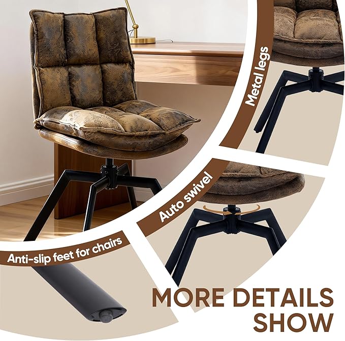 KEEZY Mid-Century Modern Accent Chair Set of 2 Cat-Scratch Leather Vanity Chair with 360° Auto Return Swivel High Density Padding &amp Metal Legs Ideal for BedroomLiving Room andHome Office（Brown
