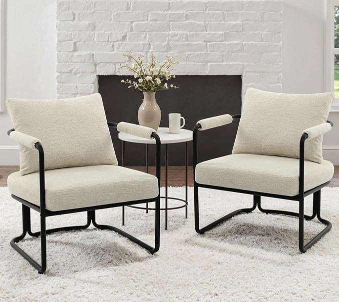 Accent Chairs Set of 2 for Living Room Mid Century Modern Upholstered Reading Armchairs for Bedroom Office with Comfy Chenille Cushion &amp Metal Frame Beige Cream
