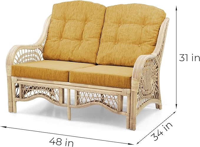 Malibu Lounge Loveseat Natural Color Sofa Natural Rattan Wicker Handmade Design with Light Brown Cushions