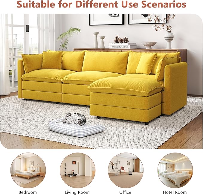 Setawix Deep 3 Seater Couch with Ottoman112.2 L-Shaped Cloud Couches for Living RoomChenille Cloud Sofa Couch with Deep SeatModular Sectional L Shape 3 Seat Sofa for Bedroom (Yellow 3+1)