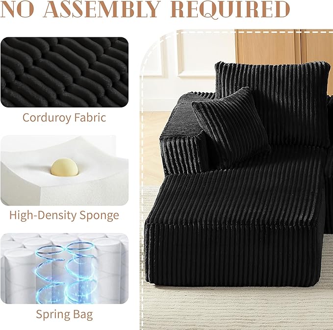 Cloud Sectional Couch with L-Shape Chaise Modern Modular Sofa with Deep Seat Upholstered Corduroy Cloud Sofas Boneless Couches for Living Room No Assembly Required (Black Right Facing Chaise)