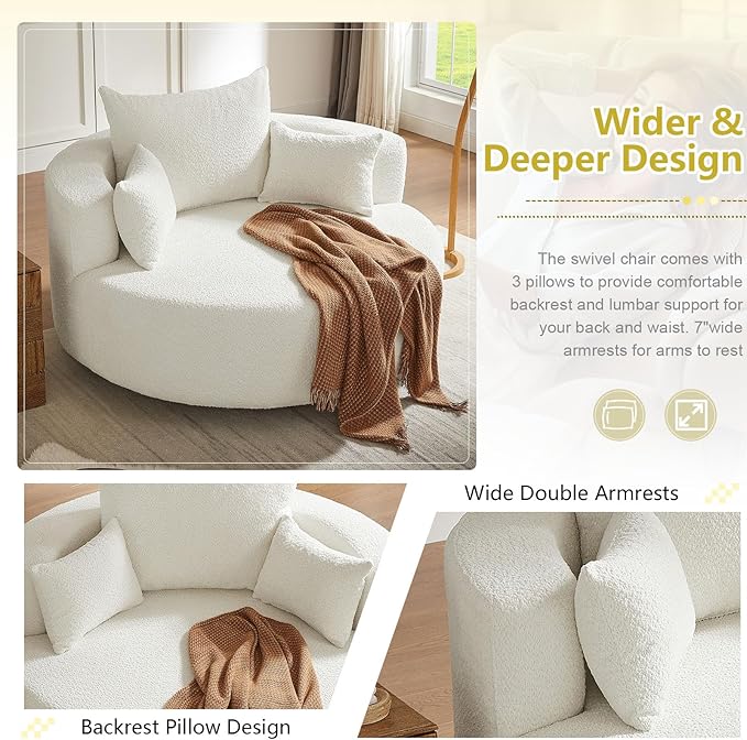 55 Oversized Round Swivel Chaise Longue Chair Indoor Modern 360 Degree Swivel Upholstered Chenille Deep Seat Circle Comfy Single Cloud Sofa Chair for Living Room Bedroom Apartment Office Beige