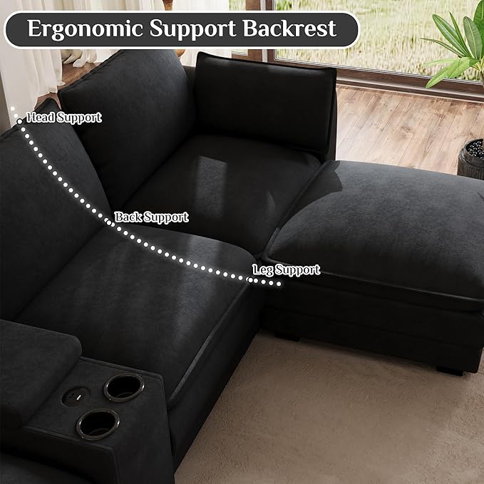 Cloud Couch Sectional Sofa 145.5 Comfy U Shape Sectional Couches for Living Room Modern Chenille Cloud Sofa Deep Seat Modular Couch with Ottoman Storage Console USB Port Cup HolderBlack