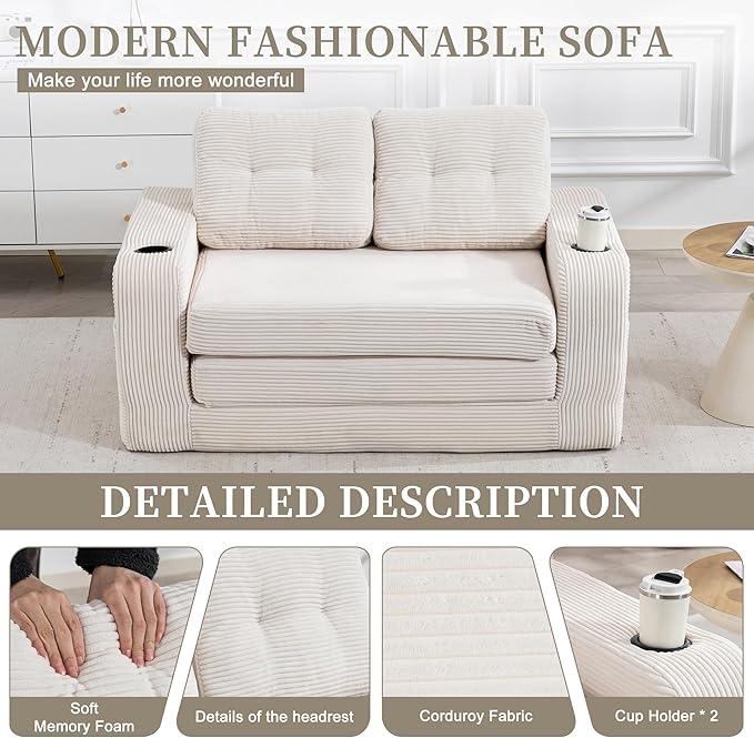 54 Convertible Sofa Bed 2-in-1 Boneless Folding Couch Bed with Cup Holder &amp Pocket Corduroy Fold Out Floor Couch with Pillows for Living Room Bedroom Small Spaces (Beige)