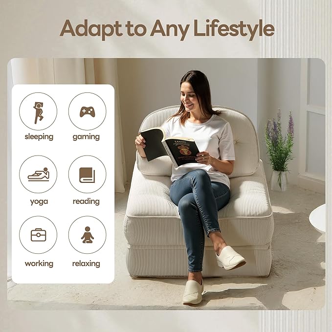 Dowinx Folding Sofa Bed with Pillow Convertible Comfy Couch Bed for Adults Home Lounge and Gaming Modern Comfortable Design for Apartment Living Room Bedroom Single Ribbed Velvet White