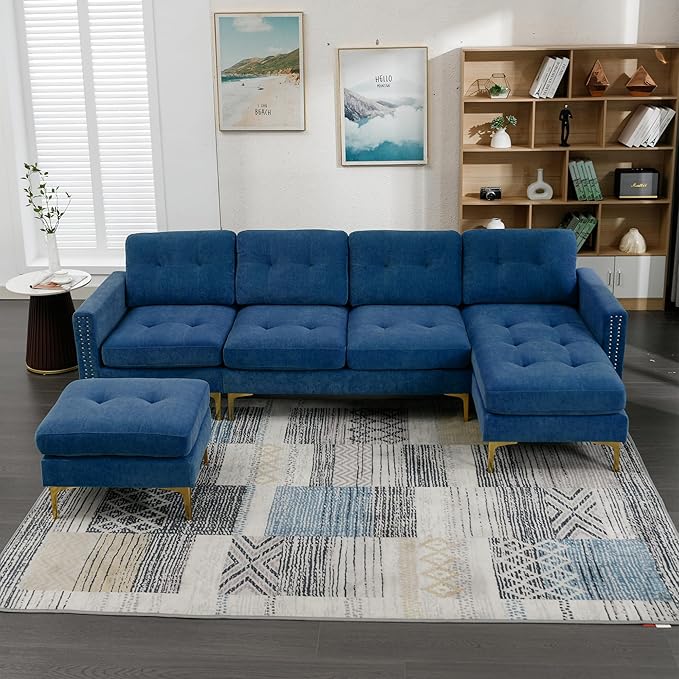 Merax Velvet L-Shape Sofa 4 Seat with Chaise and Movable Ottoman 110.6 Sofa Couch for Living Room Apartment Office (Blue)