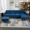 Merax Velvet L-Shape Sofa 4 Seat with Chaise and Movable Ottoman 110.6 Sofa Couch for Living Room Apartment Office (Blue)