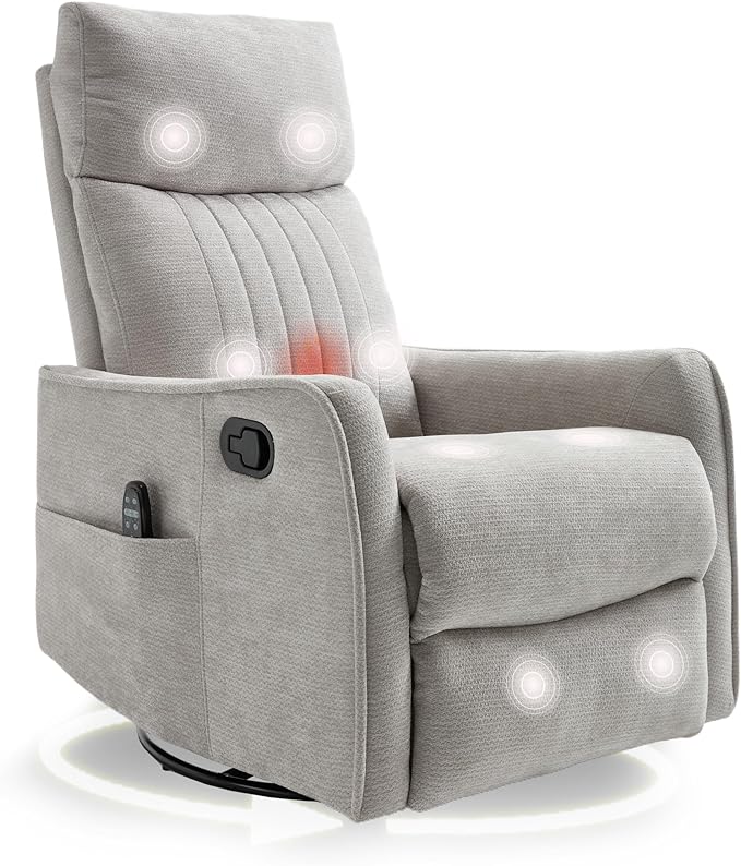cinkehome Heated Massage Swivel Rocker Recliner Chair Nursery - Small Space Reclining Chair with Lumbar Support 360° Swivel &amp Gentle Rocking Ergonomic High Back Chenille Fabric Beige