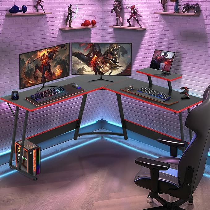 51 Inch L Shaped Gaming Desk Corner Computer Desk with Detachable Monitor Stand for Home Office Learning Gaming WorkstationBlack