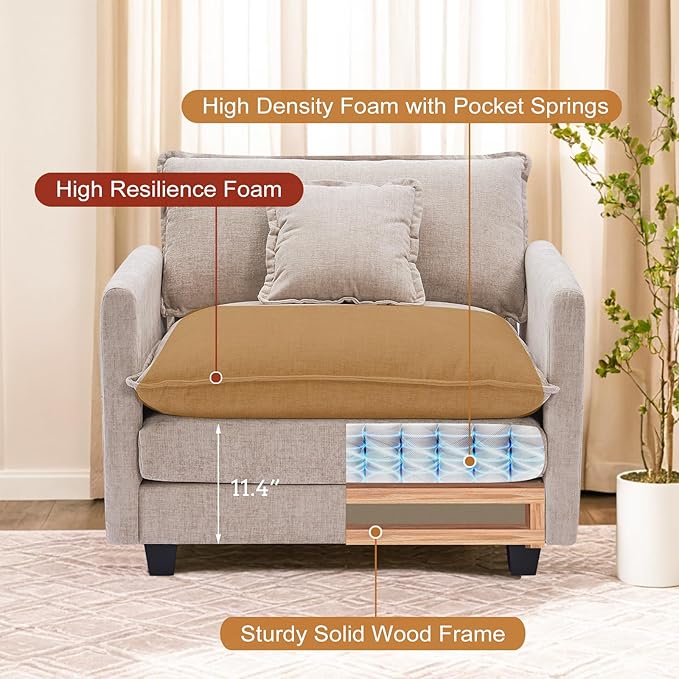 Furniliving Oversized Accent Chairs with Ottoman Luxury Chenille Single Sofa Upholstered Deep Seat Chaise Lounge with Pillows for Living Room Bedroom Apartment Camel