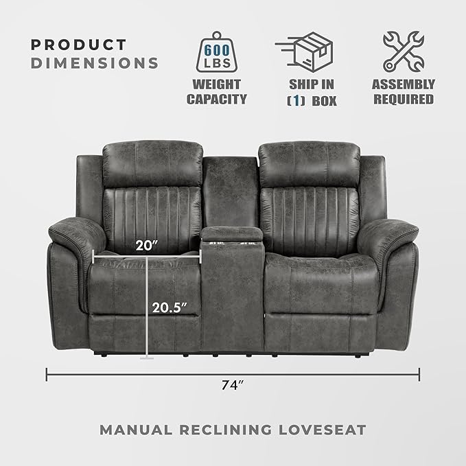 Lexicon 74 W Manual Double Reclining Loveseat with Center Console Polished Microfiber Recliner Loveseat Pillow Top Arms for Living Room Easy Assembly Brownish Gray
