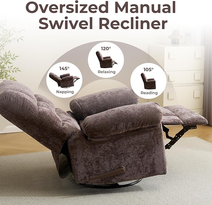 Oversized Swivel Rocker Recliner with Heat and Massage Overstuffed Swivel Rocking Chair for Living RoomManual Rocker ReclinerComfy Soft Fabric Recliner Sofa ChairCoffee