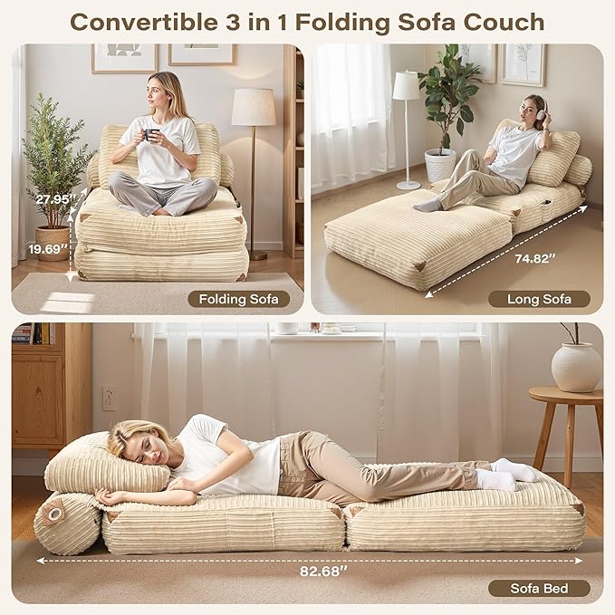 75''Foldable Sofa BedBeige Convertible Folding Sleeper Chair BedFoldable Single Sofa Foam Filling Couch with Pillow Comfy Corduroy Lazy Floor Sofa for Small Room Living Room Bedroom Apartment