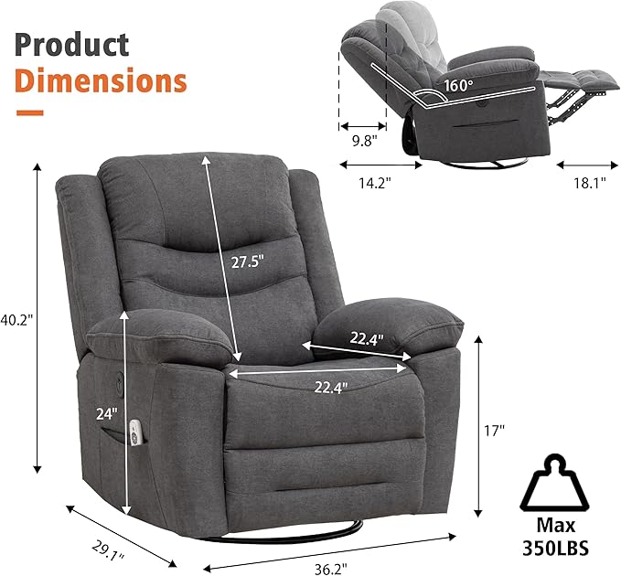 Power Swivel Rocker Recliner with Massage and Heat USB Port Infinite Position Oversized Electric Glider Rocking Chairs Living Room Soft Fabric Reclining Sofa Chair (Dark Grey Fabric)